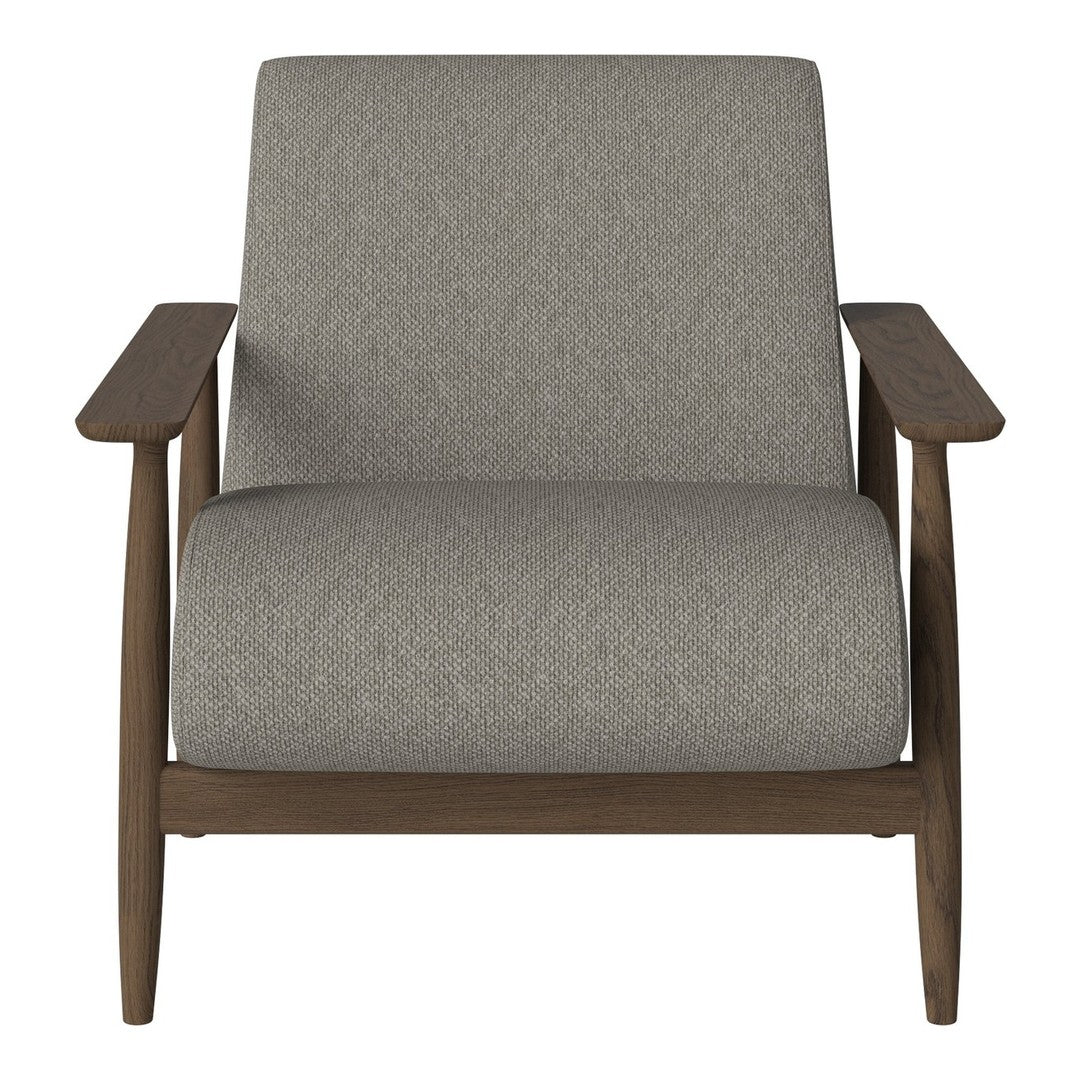 Gray upholstered armchair with wooden arms and minimalist design, perfect for modern decor.