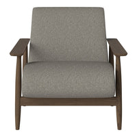 Gray upholstered armchair with wooden arms and minimalist design, perfect for modern decor.