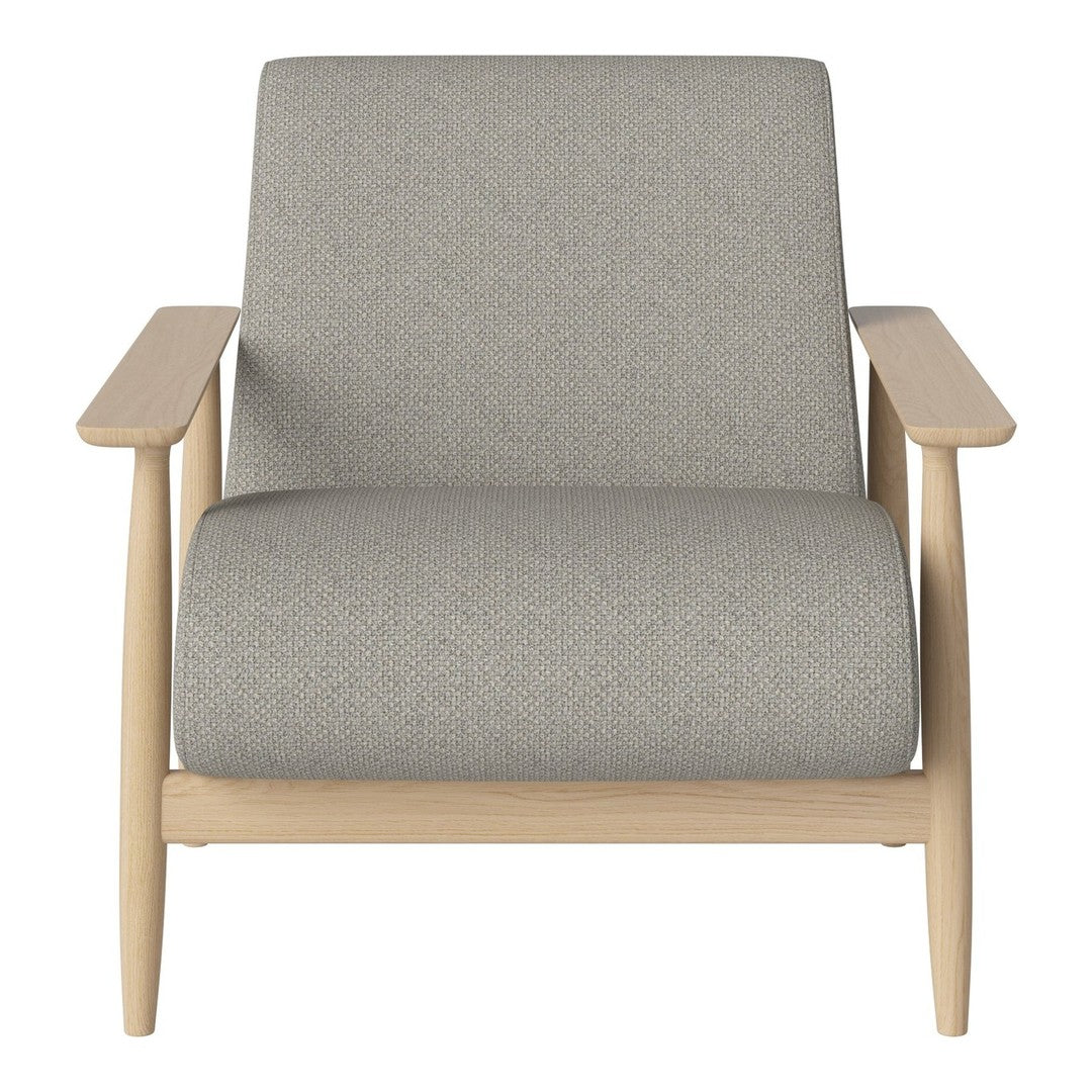 Light gray upholstered chair with a minimalist design and natural wood armrests. Perfect for modern decor.