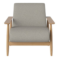 Gray upholstered armchair with a smooth texture and light wood legs, featuring a minimalist design.