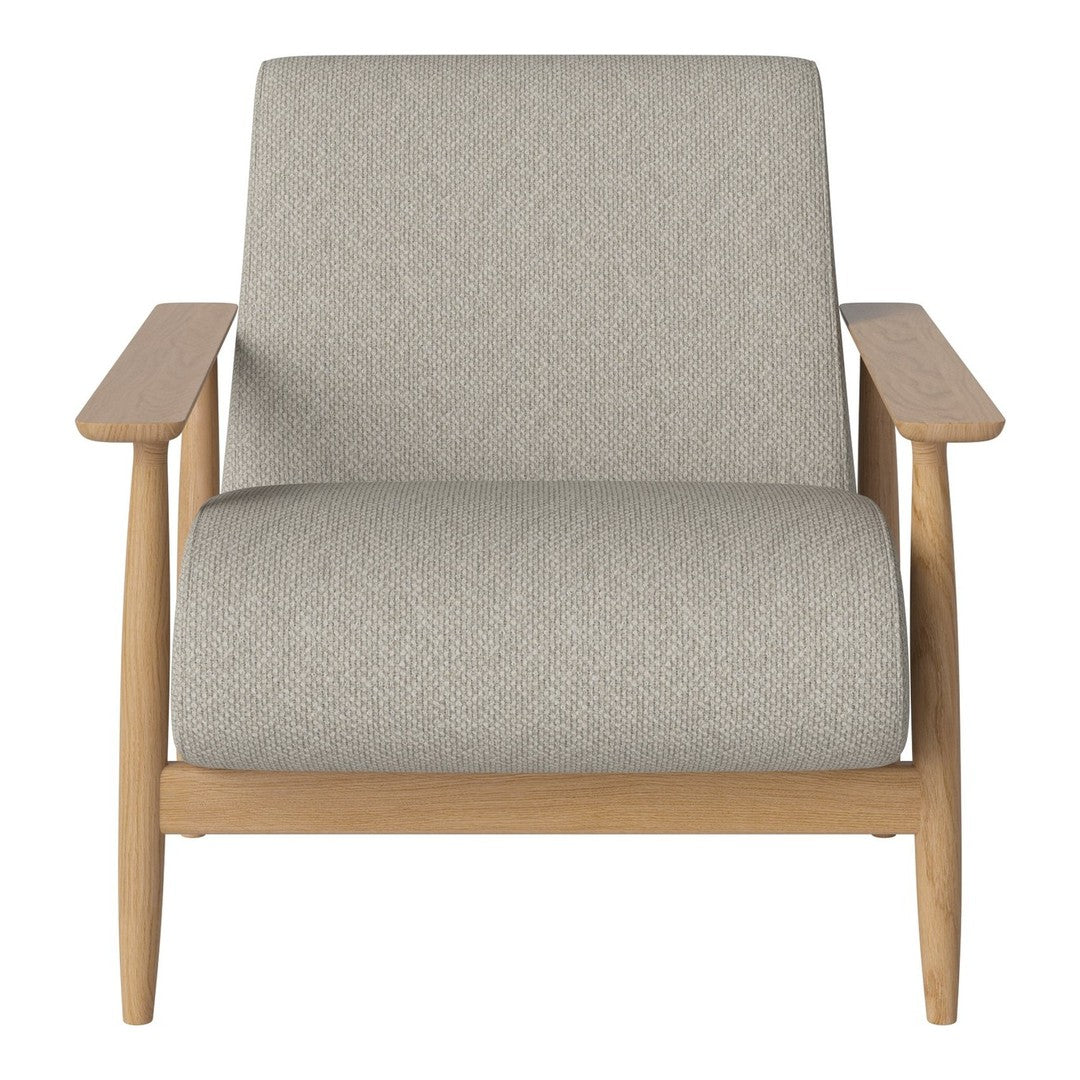 Light gray upholstered chair with a textured finish, featuring natural wood arms and a minimalist design.