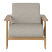 Light gray upholstered chair with a textured finish, featuring natural wood arms and a minimalist design.