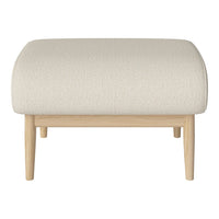 Beige upholstered ottoman with a textured pattern and natural wood legs. Perfect for modern decor.
