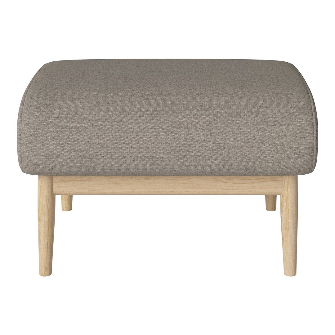 Beige upholstered ottoman with textured fabric, featuring natural wood legs. Modern and versatile in design.