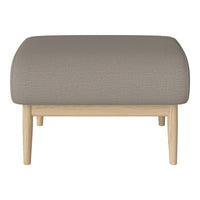 Beige upholstered ottoman with textured fabric, featuring natural wood legs. Modern and versatile in design.