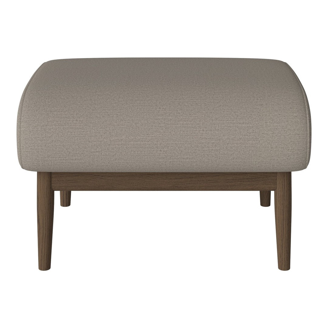 Beige textured ottoman with smooth curves and wooden legs, perfect for modern decor.