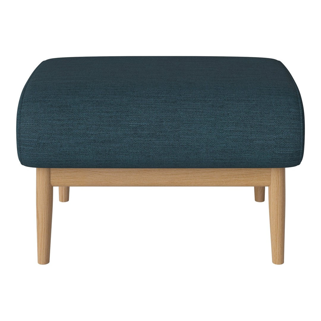 Teal upholstered ottoman with a textured fabric and light wooden legs. Modern and stylish accent for any room.