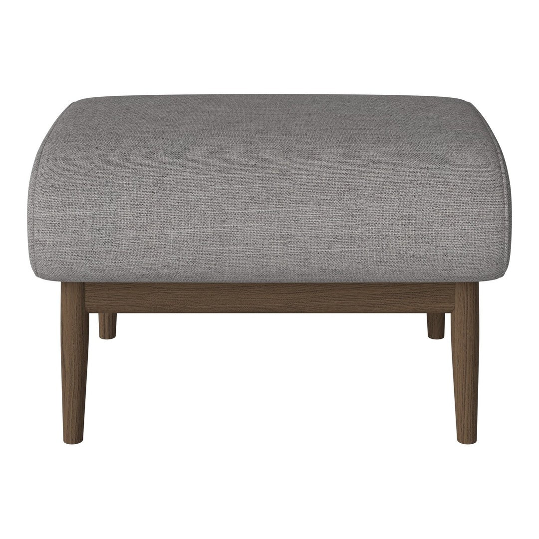 Gray upholstered ottoman with a textured finish and wooden legs. Modern design for versatile home decor.