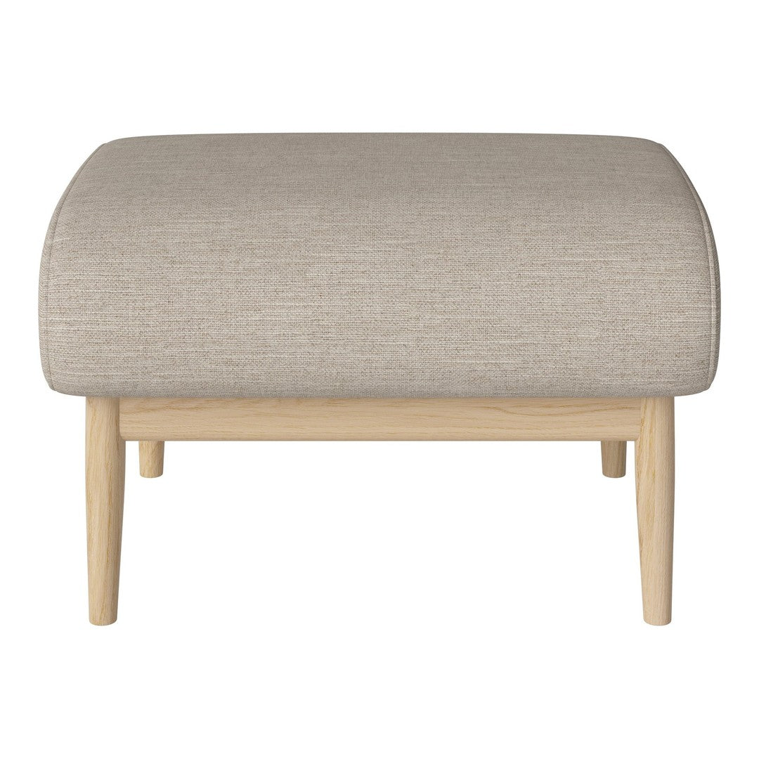 Beige upholstered ottoman with natural wood legs, featuring a smooth, minimalist pattern. Perfect for modern spaces.