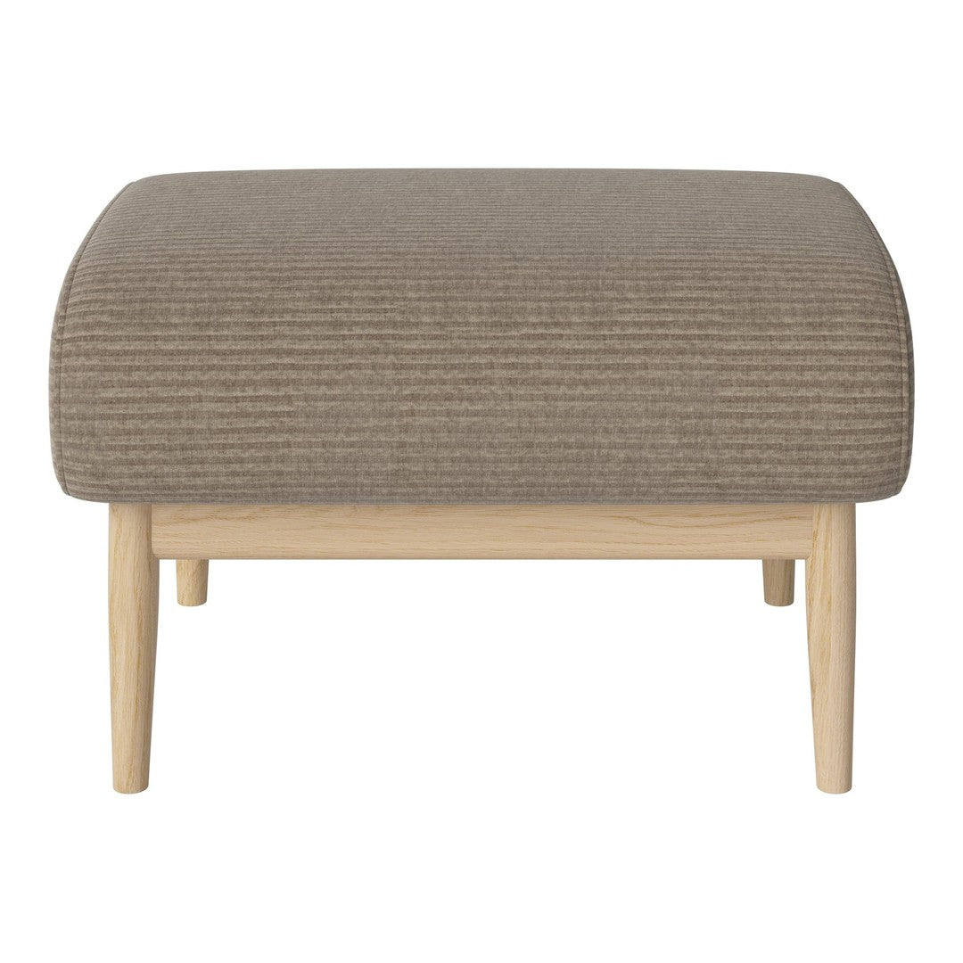 Brown striped fabric ottoman with light wooden legs, featuring a modern and minimalist design. 
