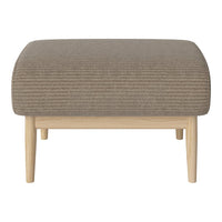 Brown striped fabric ottoman with light wooden legs, featuring a modern and minimalist design. 