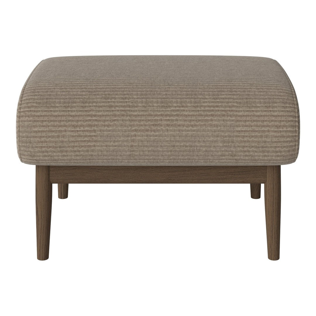Beige striped ottoman with wooden legs, blending modern and classic design elements for versatile decor.