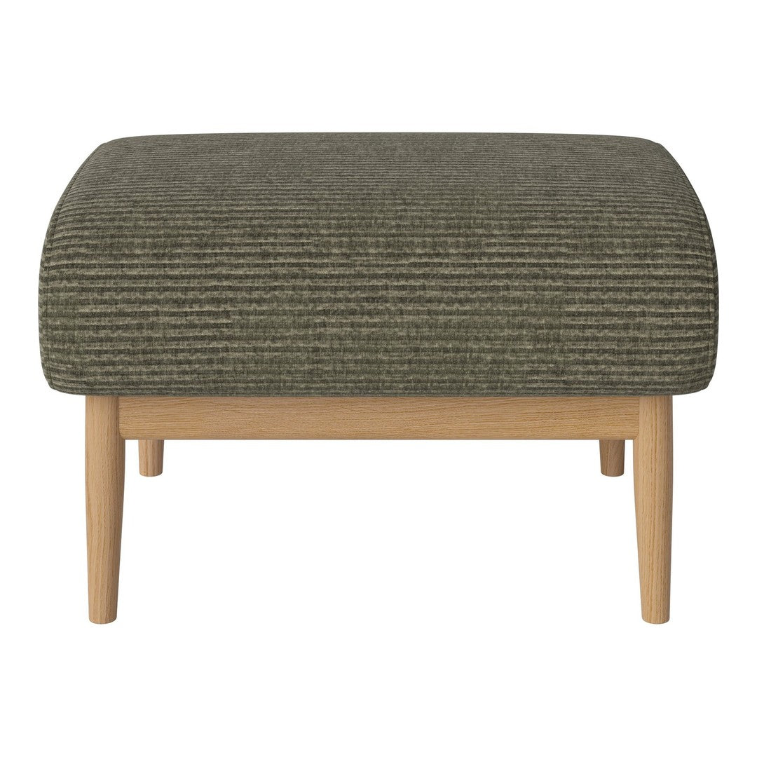 Olive green striped fabric ottoman on natural wood legs, adding a modern touch to any living space.