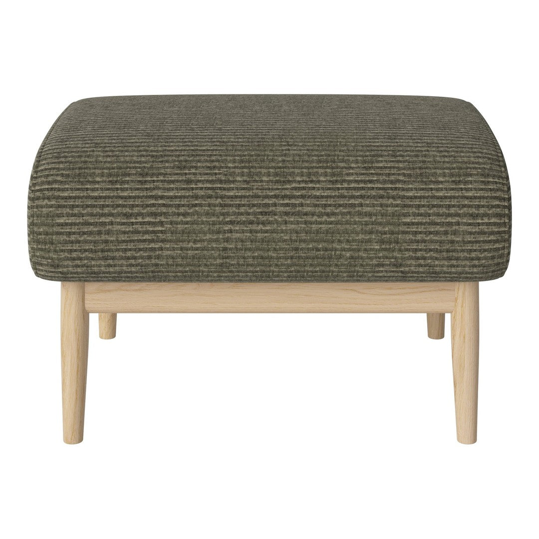 Olive green striped patterned ottoman with light wood legs, adding a modern touch to any space.