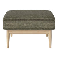 Olive green striped patterned ottoman with light wood legs, adding a modern touch to any space.