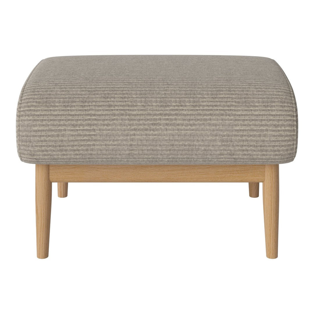 Grey striped ottoman with light wooden legs, adding a modern touch to any living space.