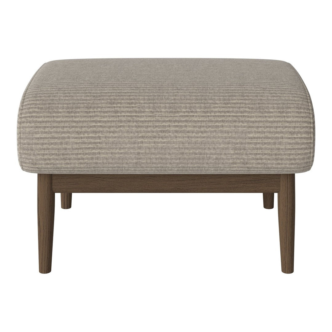 Beige textured ottoman with subtle striped pattern and dark wooden legs. Perfect for modern home decor.