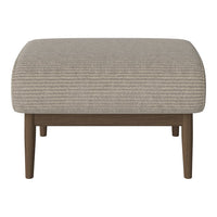 Beige textured ottoman with subtle striped pattern and dark wooden legs. Perfect for modern home decor.