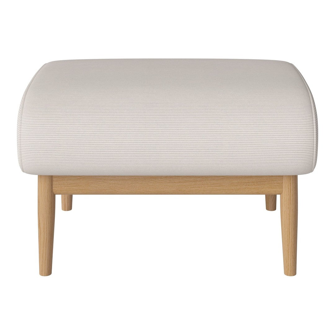 Light beige upholstered ottoman with smooth texture and natural wood legs. Simple, modern design for versatile decor.
