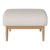 Light beige upholstered ottoman with smooth texture and natural wood legs. Simple, modern design for versatile decor.