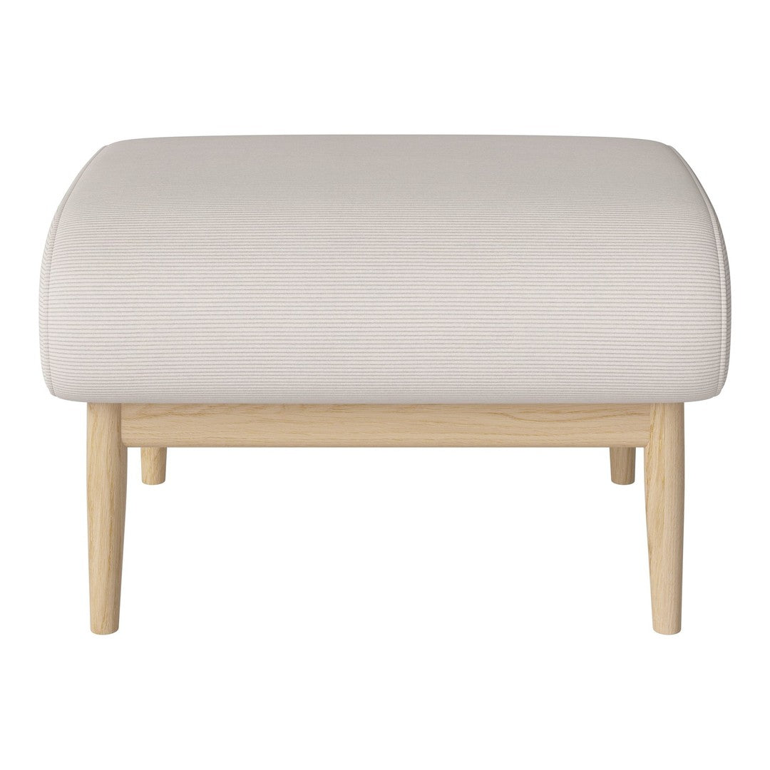 Light beige ottoman with a smooth texture and natural wood legs, featuring a minimalist design.
