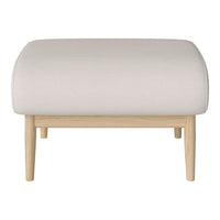 Light beige ottoman with a smooth texture and natural wood legs, featuring a minimalist design.