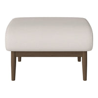 Cream upholstered ottoman with a smooth texture and dark wooden legs. Simple, modern design with a minimalist aesthetic.