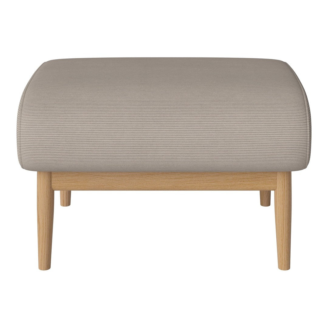 Beige upholstered ottoman with a smooth texture and light wood legs, perfect for modern decor.