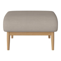 Beige upholstered ottoman with a smooth texture and light wood legs, perfect for modern decor.