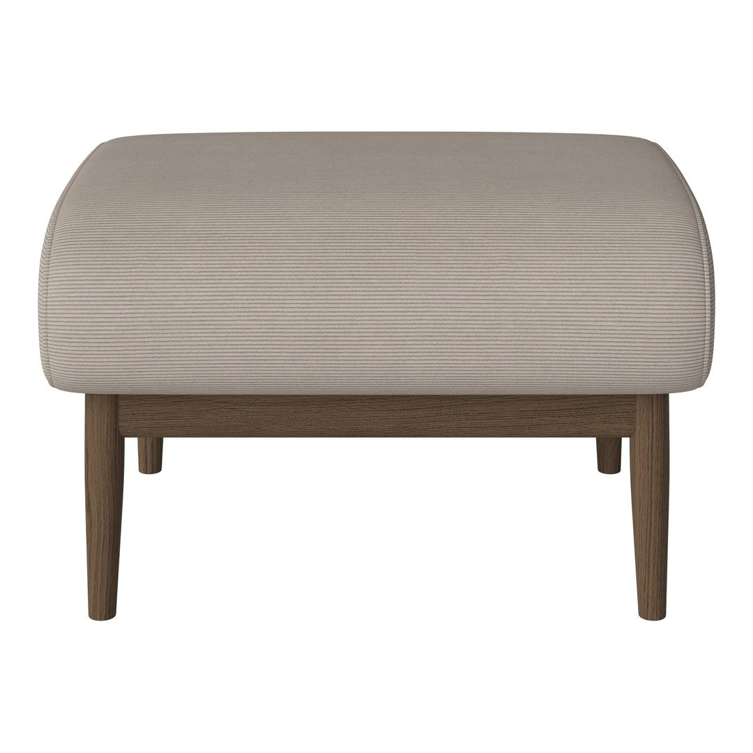 Neutral beige ottoman with a smooth texture and wooden legs, perfect for modern home decor.