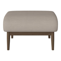 Neutral beige ottoman with a smooth texture and wooden legs, perfect for modern home decor.