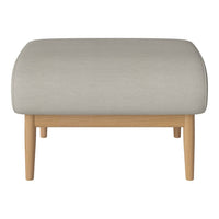 Light gray upholstered ottoman with smooth surface and natural wood legs, perfect for modern decor.
