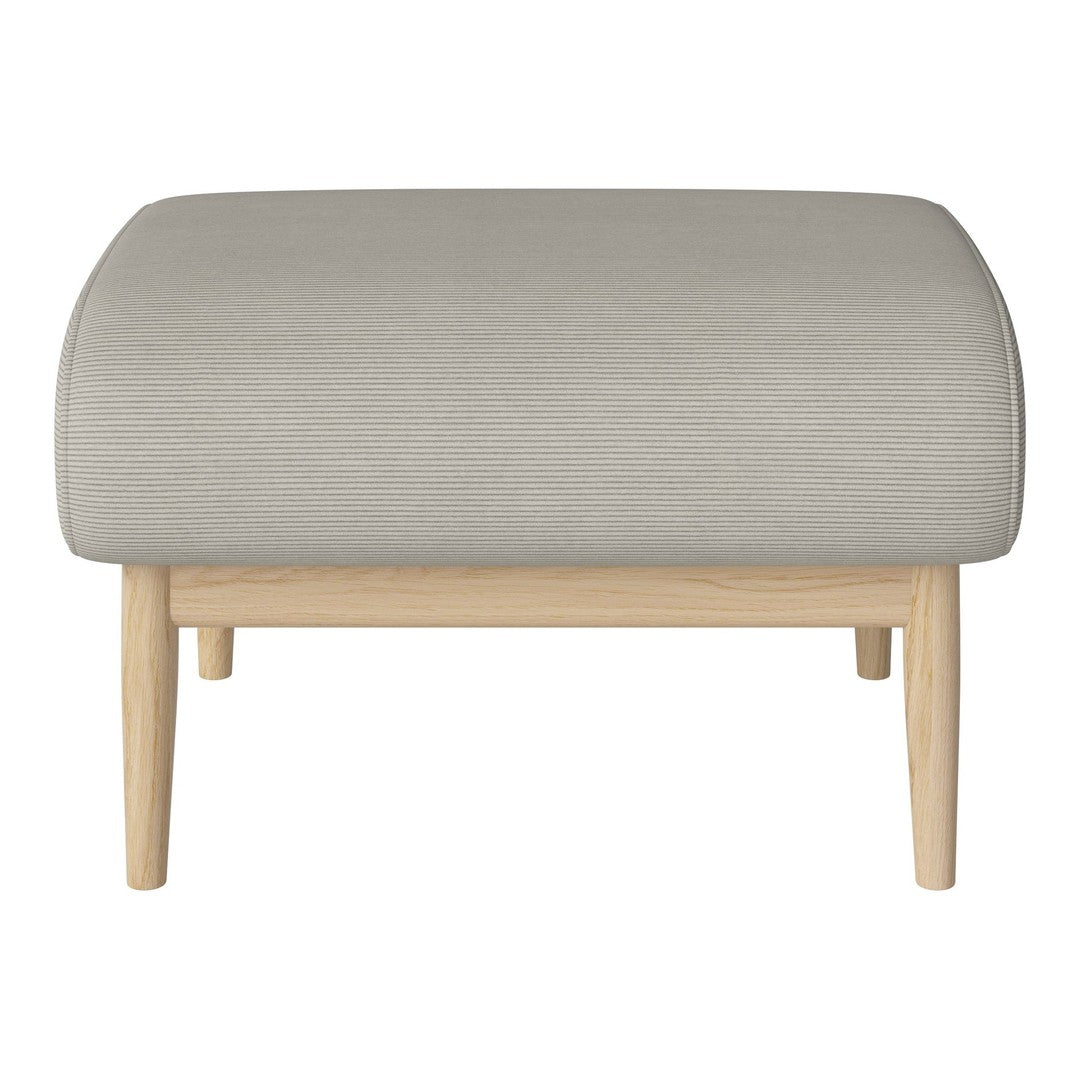 Light gray upholstered ottoman on natural wood legs, featuring a smooth, minimalist design. Perfect for modern interiors.