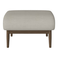 Beige fabric ottoman with a smooth texture and wooden legs, perfect for modern decor.