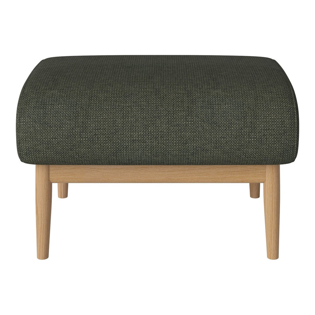 Dark green textured ottoman with a rounded top and light wood legs. Perfect for modern living spaces.
