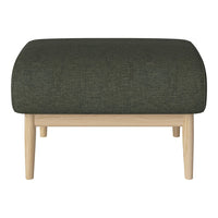 Olive green upholstered ottoman with a textured pattern and light wooden legs. Perfect for modern decor.
