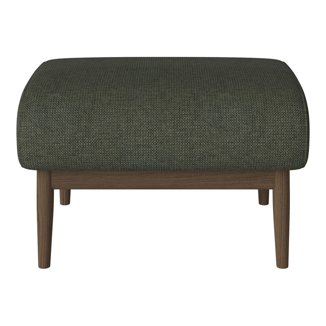 Olive green upholstered ottoman with textured fabric and wooden legs, perfect for modern living spaces.