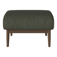 Olive green upholstered ottoman with textured fabric and wooden legs, perfect for modern living spaces.
