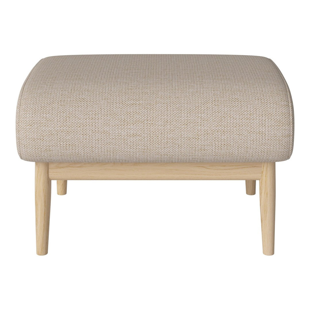 Light beige upholstered ottoman with a textured fabric and natural wood legs, featuring a soft, rounded design.