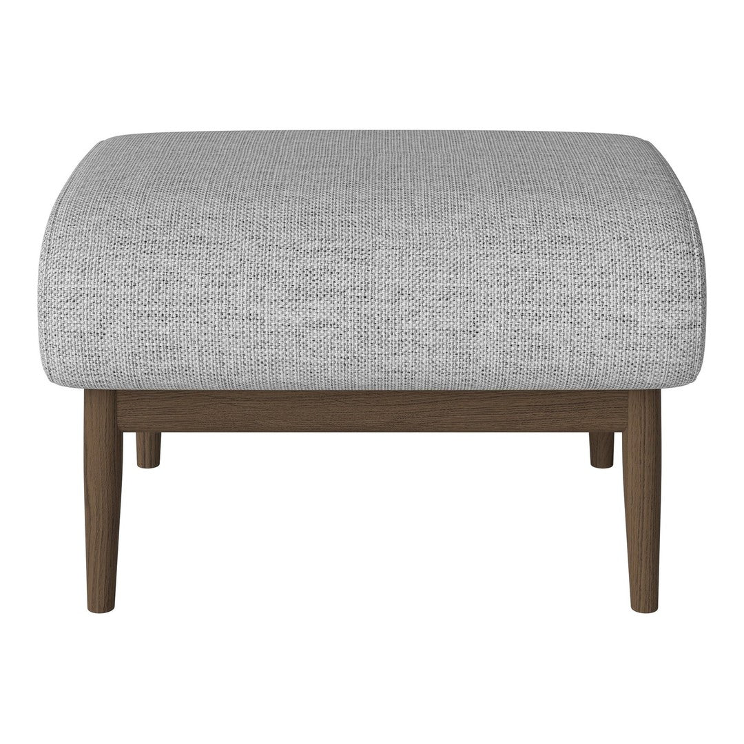 Gray textured upholstery ottoman with wooden legs, featuring a minimalist design. Perfect for modern decor.