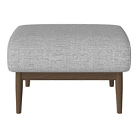 Gray textured upholstery ottoman with wooden legs, featuring a minimalist design. Perfect for modern decor.