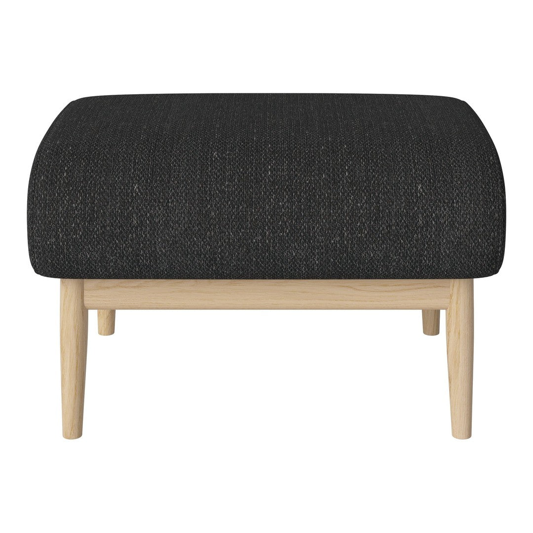 Black textured upholstered ottoman with natural wood legs. Modern design for versatile home decor.
