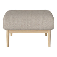 Light beige upholstered ottoman with a subtle textured pattern and natural wood legs. Ideal for modern decor.