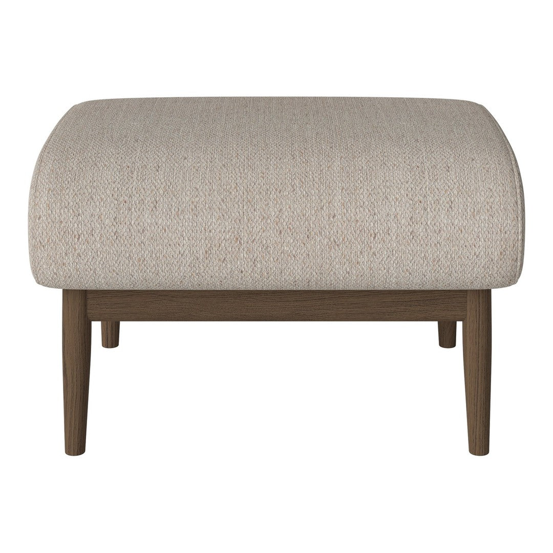 Light beige ottoman with a textured fabric and dark wooden legs, featuring a simple, modern design.