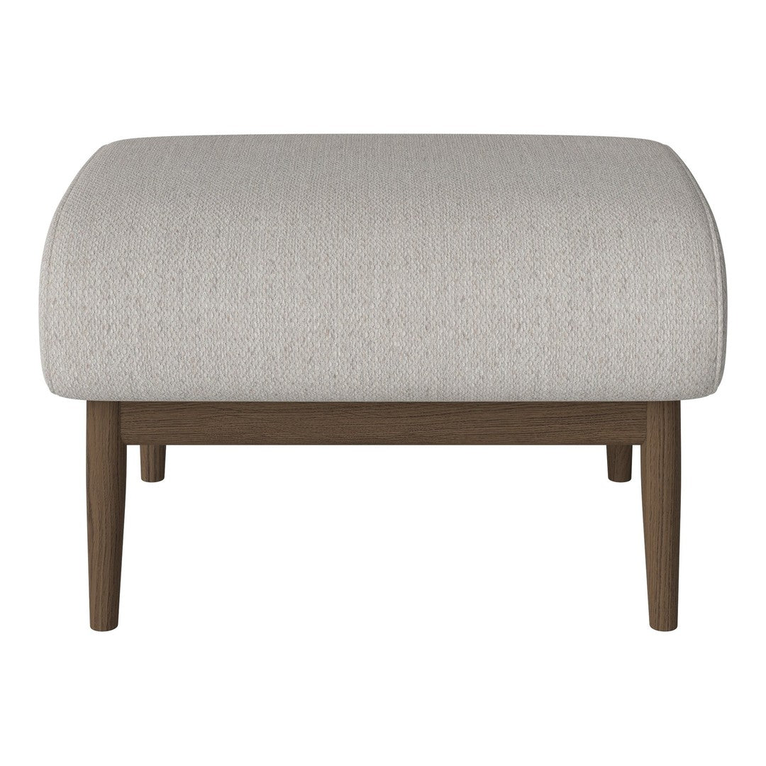 Light gray upholstered ottoman with rounded shape and natural wood legs, featuring a subtle textured pattern.