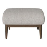 Light gray upholstered ottoman with rounded shape and natural wood legs, featuring a subtle textured pattern.