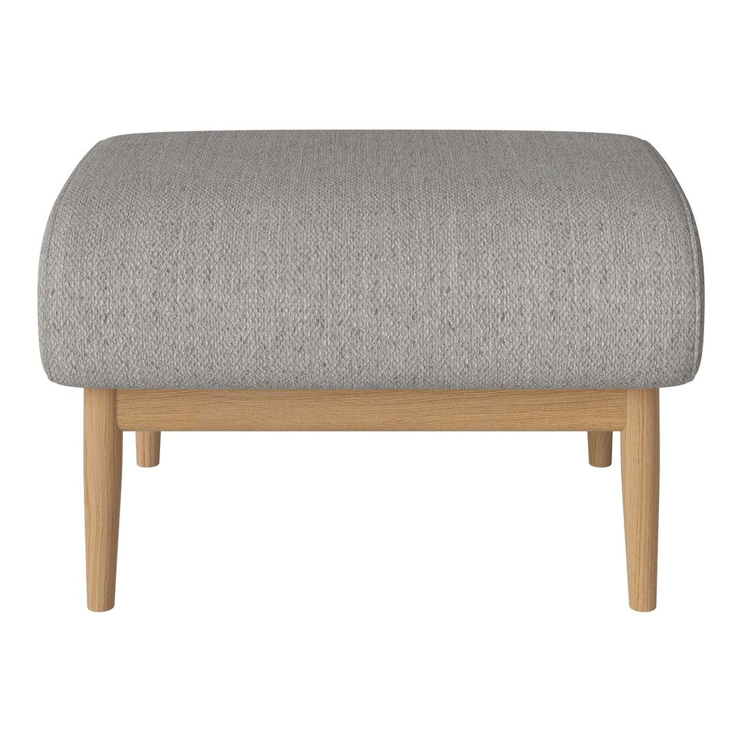 Gray upholstered ottoman with a textured finish and light wood legs, featuring a smooth, rounded silhouette.