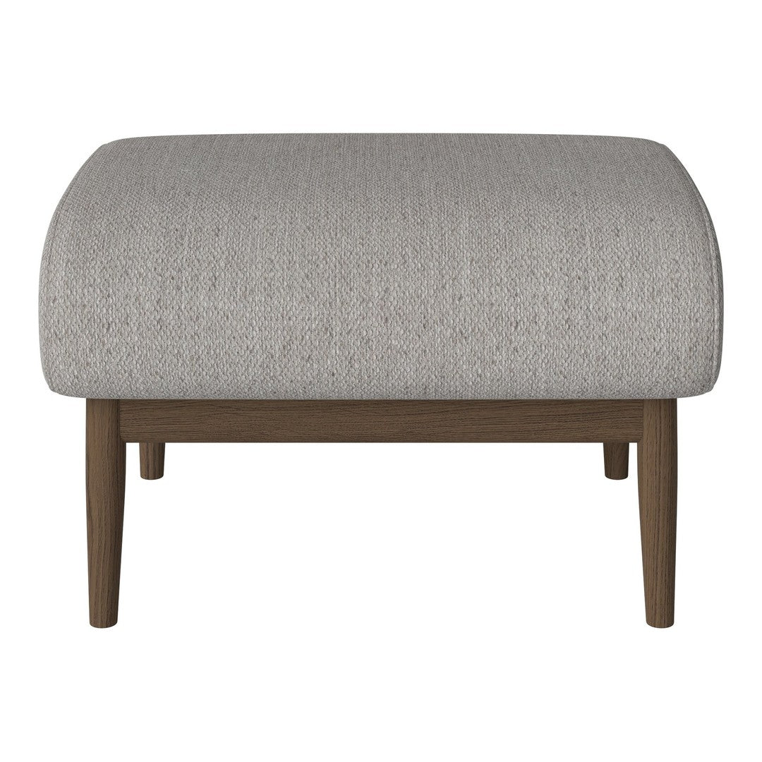Gray fabric ottoman with a textured pattern and wooden legs, offering a modern and elegant look for any space.