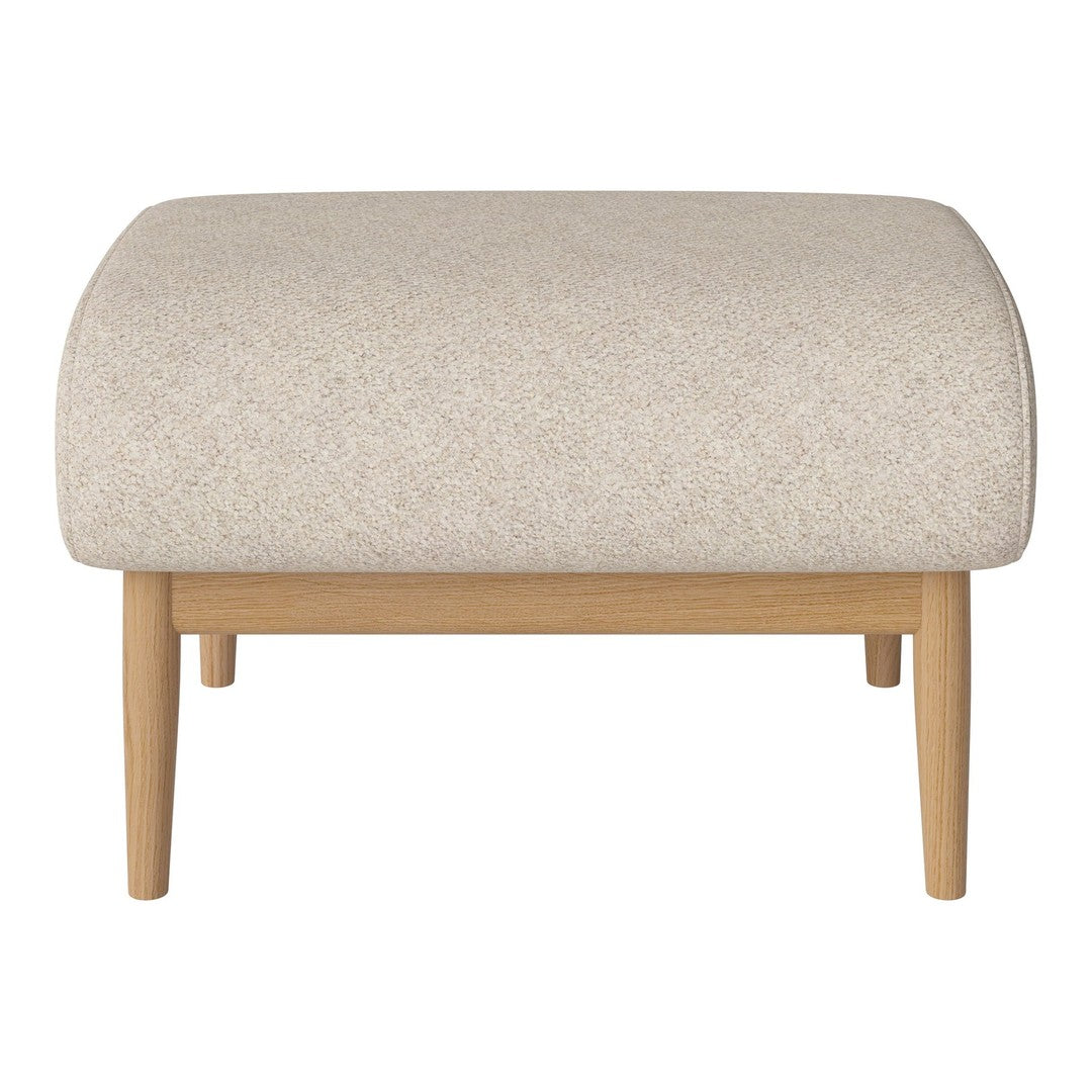 Light beige upholstered ottoman with subtle texture, featuring natural wood legs for a modern touch.