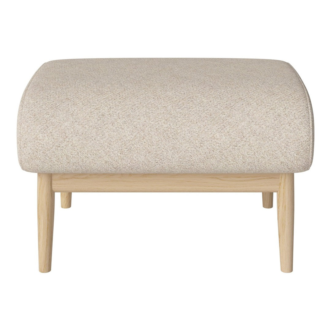 Light beige upholstered ottoman with a textured pattern and light wood legs. Ideal for modern decor.